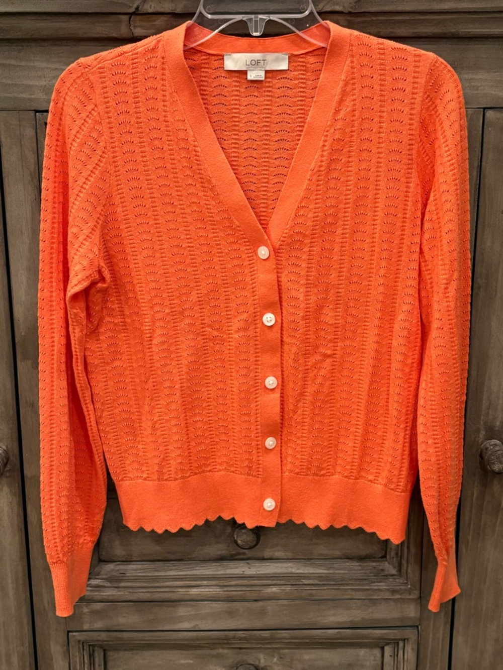 EUC Women’s LOFT Bright Orange Knit Button Down Open Knit Cardigan Sweater (S)